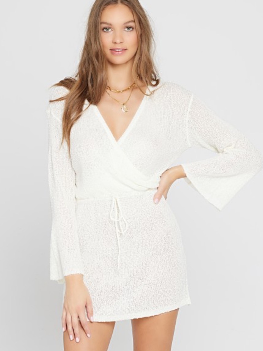 l*space Anthropolgie Topanga White Sheer Mesh Mini Sweater Wrap Cover-Up Dress